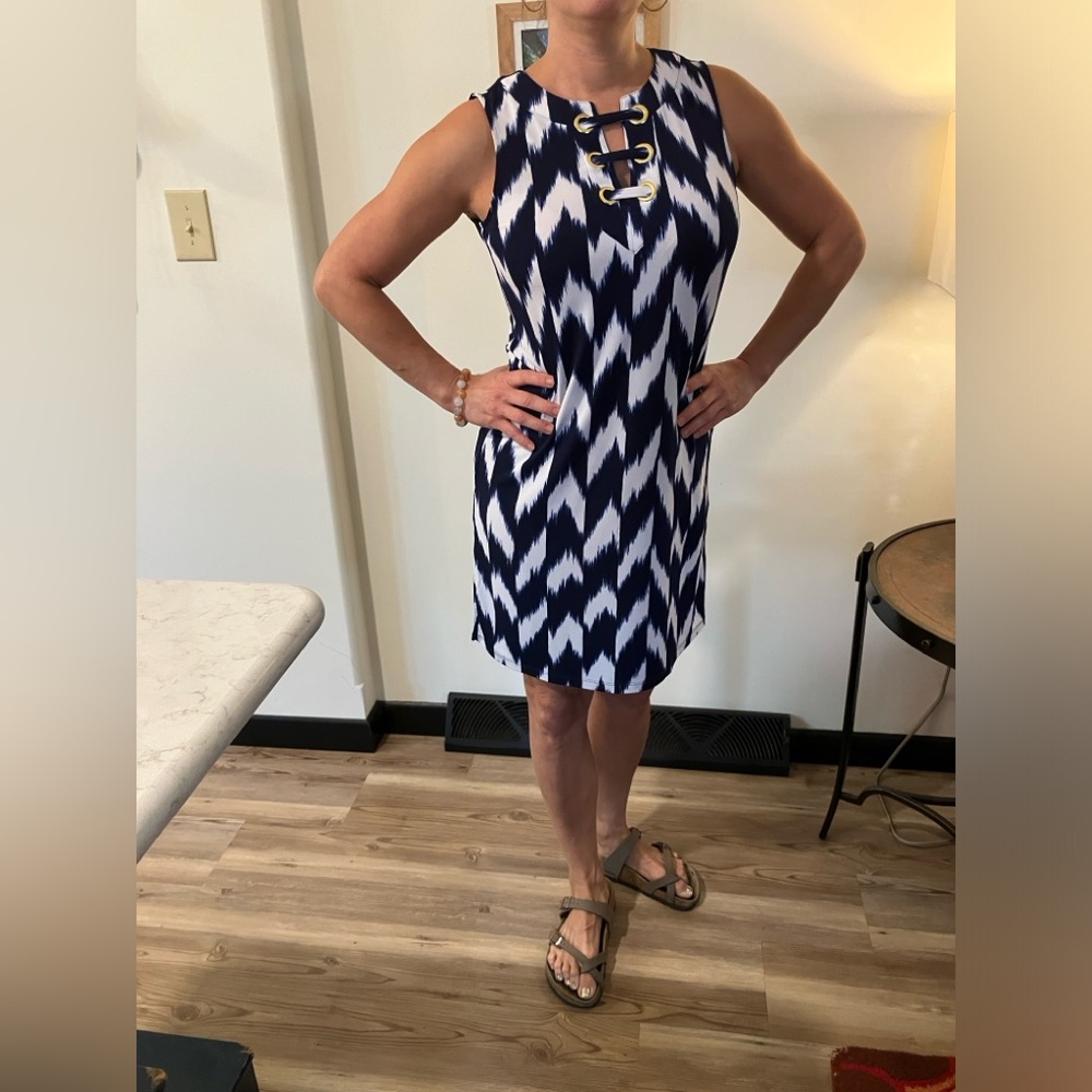 Michael Kors Sleeveless Dress Zig Zag Jersey Stretch Navy White XS-fits like a S